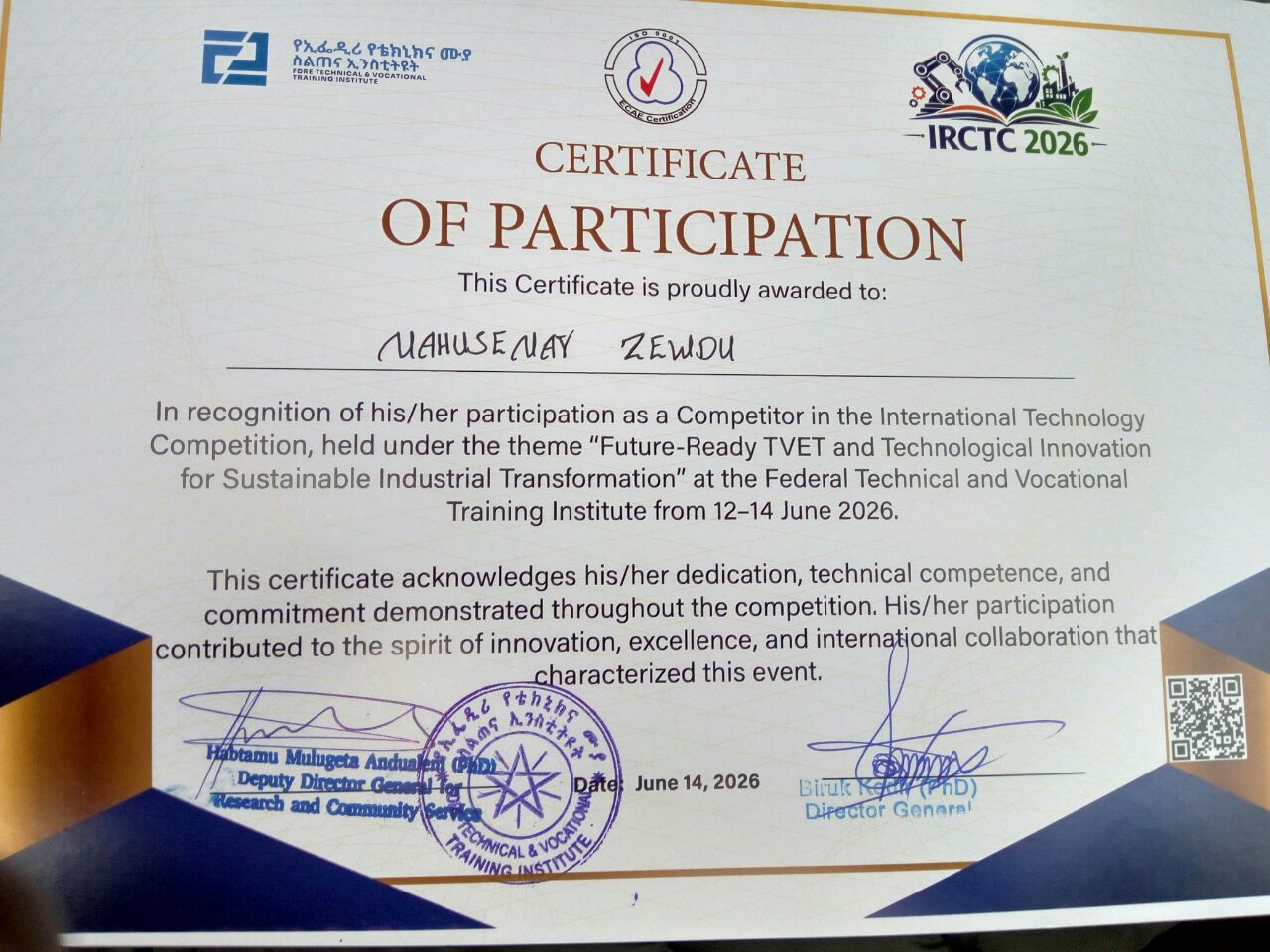 Nahusenay Zewdu Certificate for the international research conference and technology competition